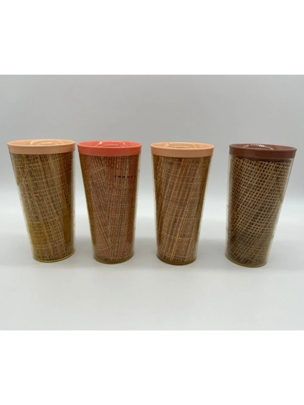 Vintage Tumblers Raffiaware Melamine Thermo Temp Cups Set Of 4 USA Mid Century